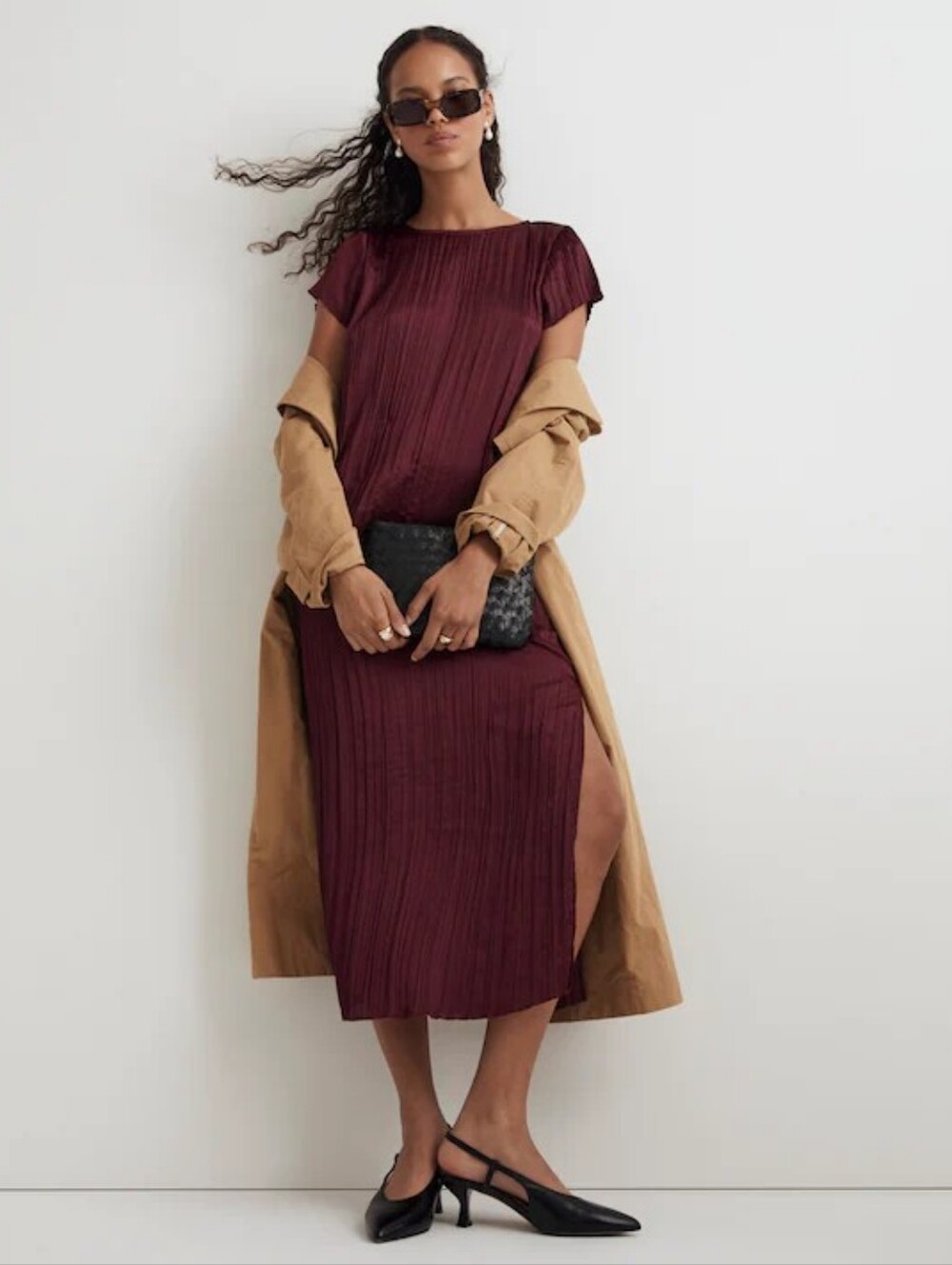 Madewell Short-Sleeve Slip Midi Dress in Plissé Mulberry Wine Size Large